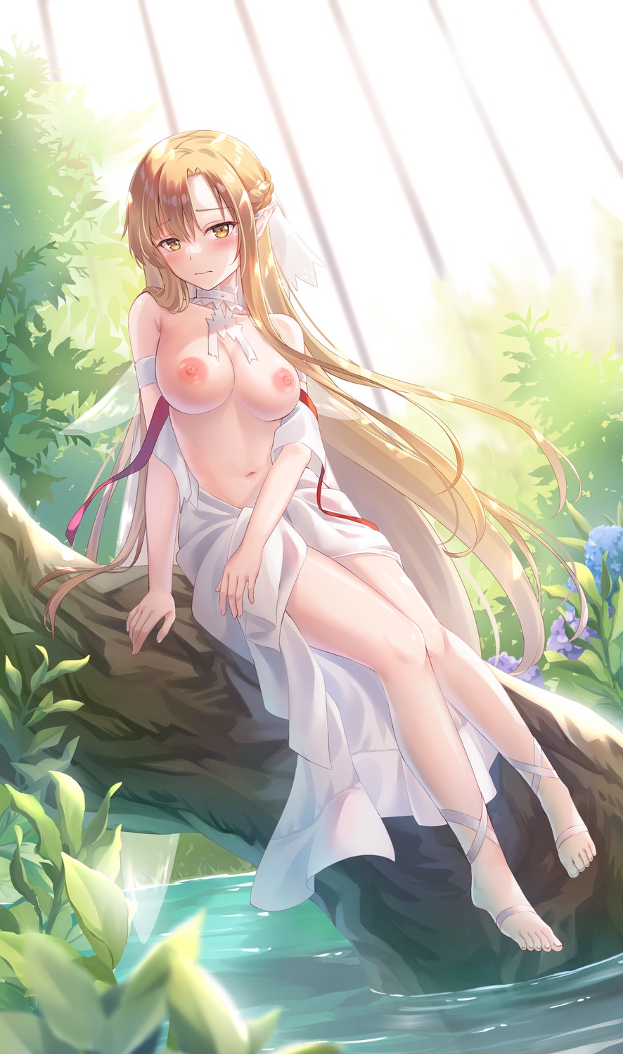 alfheim_online asuna_(sword_art_online) asuna_(titania) nipples pointy_ears sebu_illust sword_art_online topless