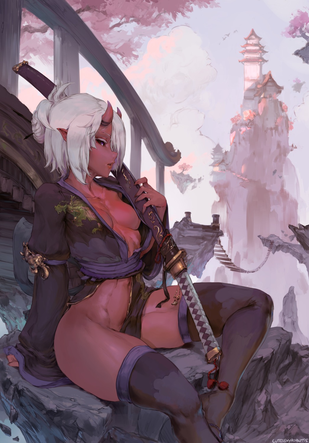 cutesexyrobutts horns japanese_clothes no_bra nopan open_shirt pointy_ears sword thighhighs