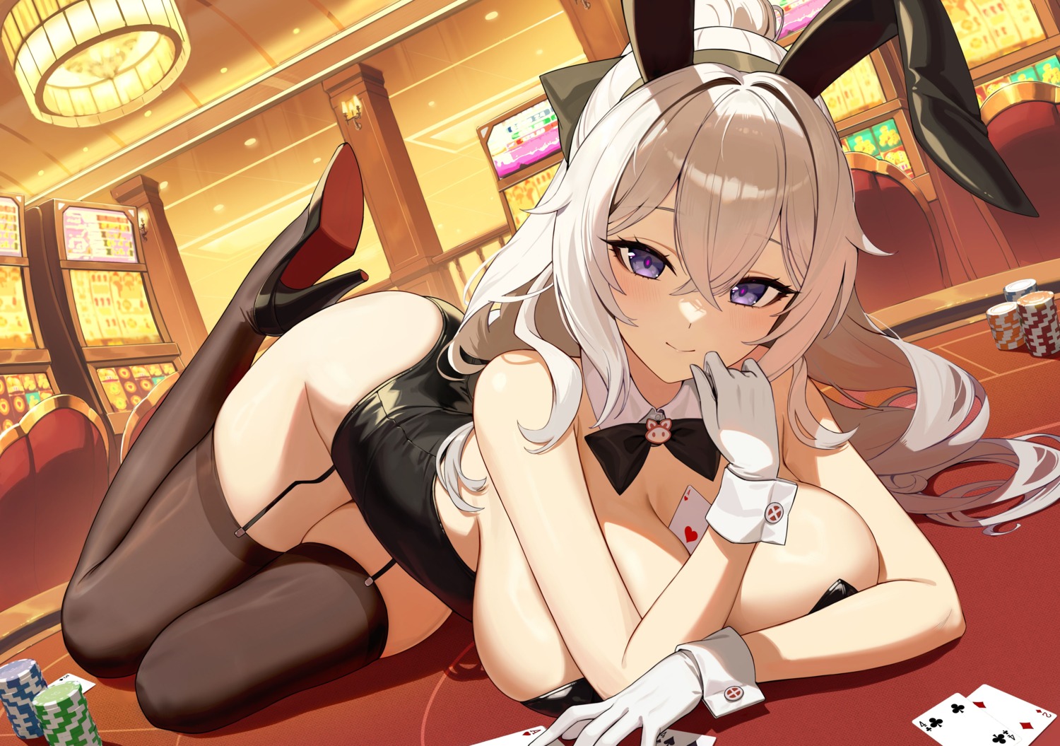 animal_ears benghuai_xueyuan bronya_zaychik bunny_ears bunny_girl dkxlek heels honkai_impact no_bra stockings thighhighs