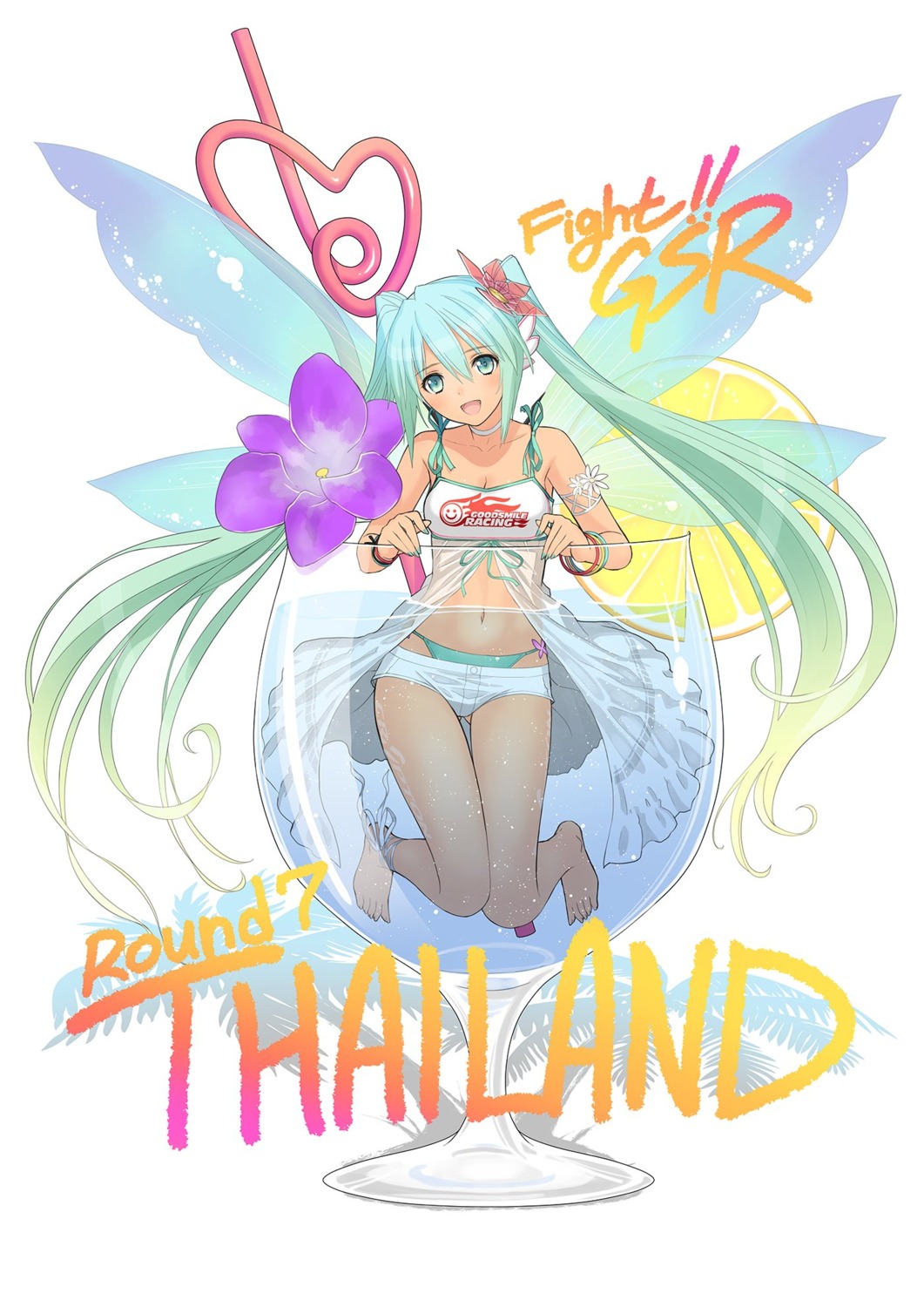 cleavage dress goodsmile_racing hatsune_miku pantsu racing_miku see_through summer_dress tony_taka vocaloid wet wings