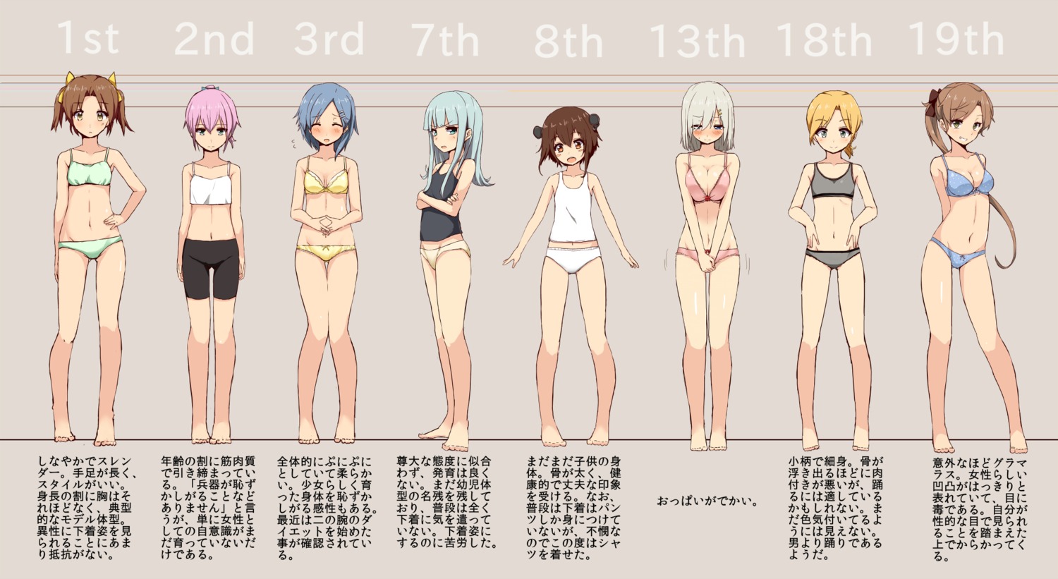 akigumo_(kancolle) bike_shorts bra cassandra_(seishun_katsu_sando) cleavage hamakaze_(kancolle) hatsukaze_(kancolle) kagerou_(kancolle) kantai_collection kuroshio_(kancolle) lingerie maikaze_(kancolle) pantsu shiranui_(kancolle) yukikaze_(kancolle)