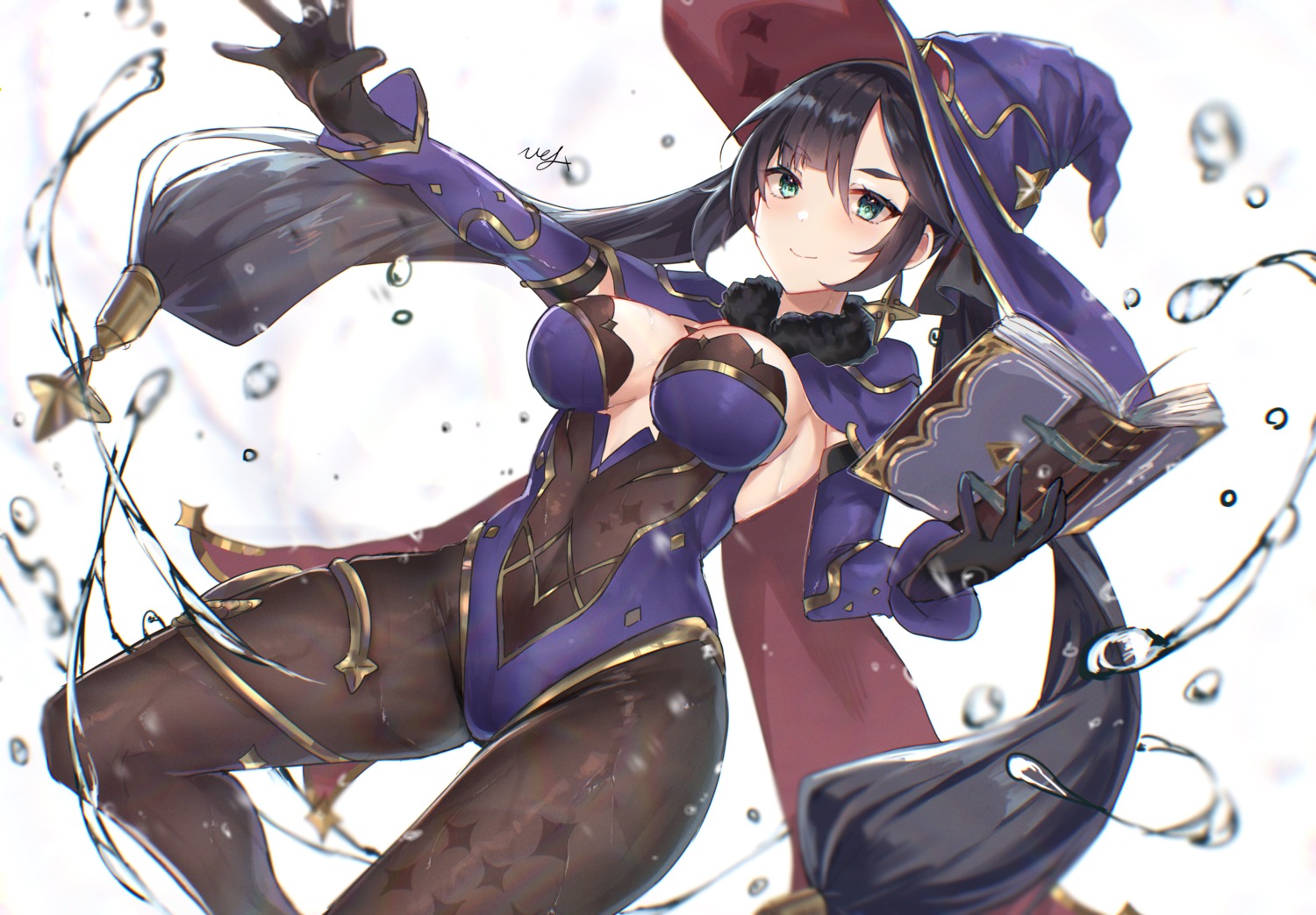 cleavage garter genshin_impact hitomin_(ksws7544) leotard mona_megistus no_bra pantyhose thighhighs witch