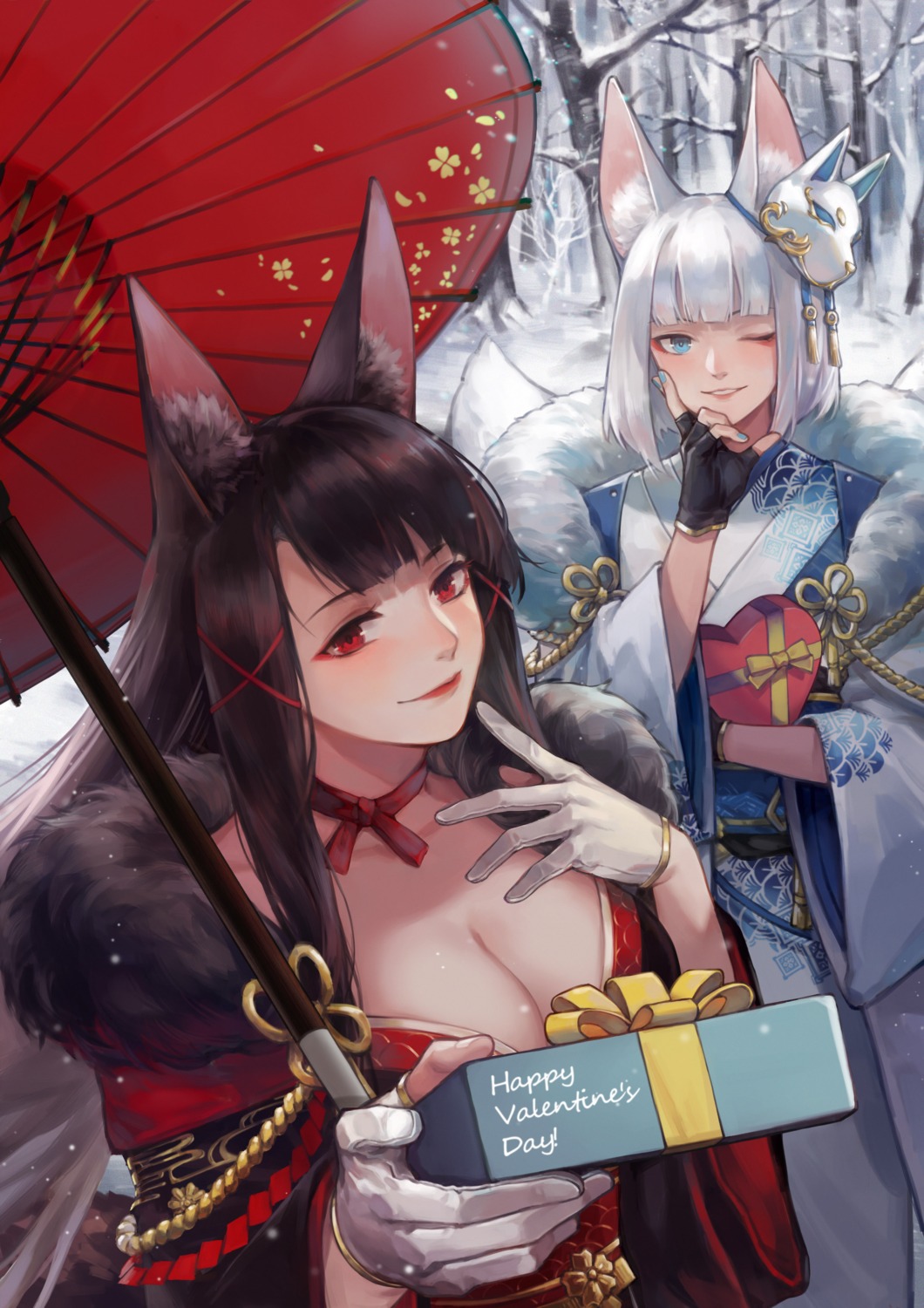 akagi_(azur_lane) animal_ears azur_lane breast_hold ck_(26982497) cleavage japanese_clothes kaga_(azur_lane) kitsune open_shirt tail umbrella valentine