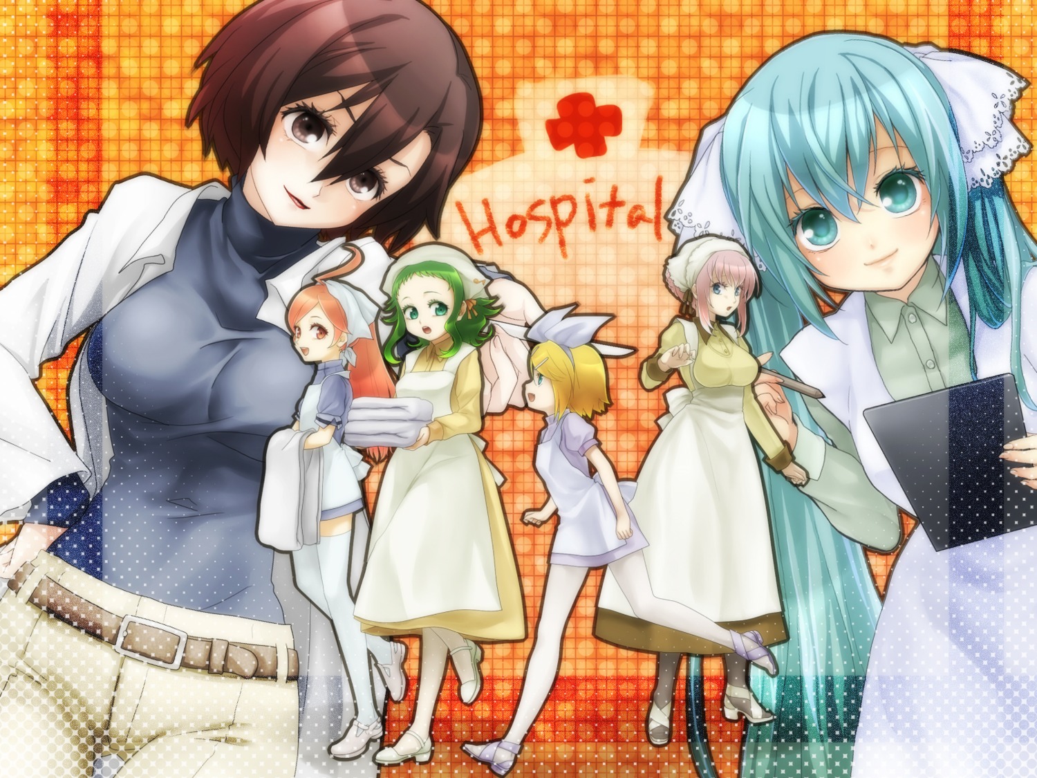 gumi hatsune_miku kagamine_rin megurine_luka meiko miki_(vocaloid) nurse oumi_sanaka pantyhose thighhighs vocaloid wallpaper