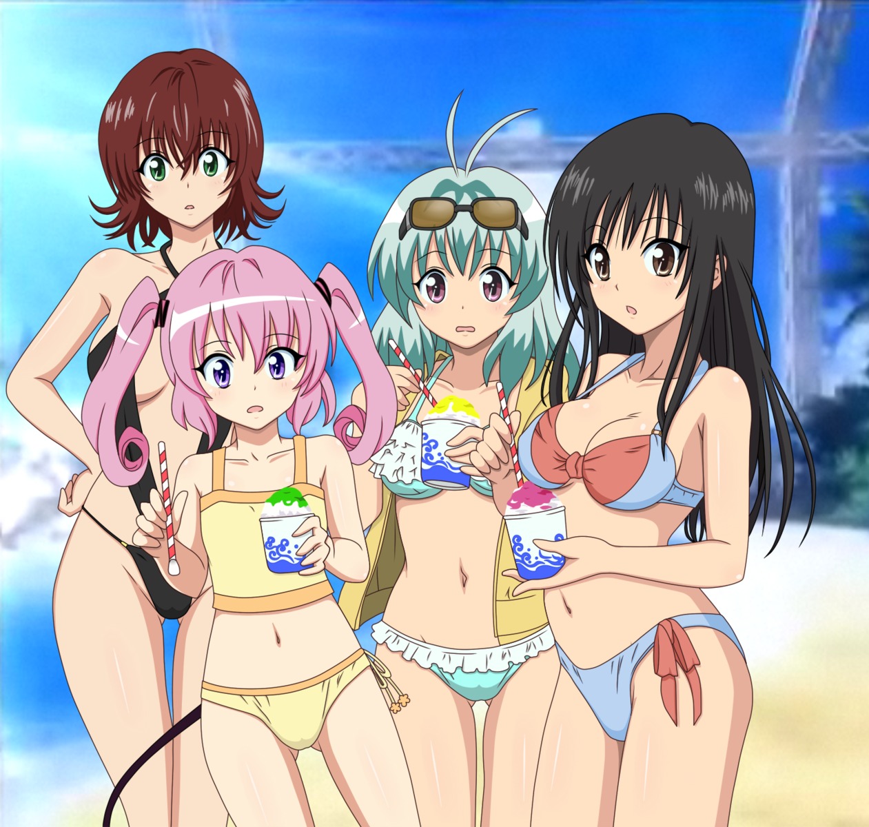 bikini cleavage kotegawa_yui mikado_ryouko nana_asta_deviluke run_elsie_jewelria swimsuits to_love_ru vector_trace