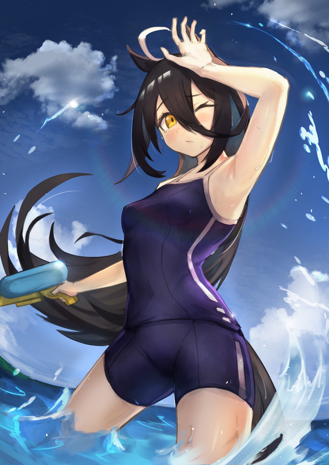 animal_ears manhattan_cafe_(umamusume) school_swimsuit swimsuits tail uma_musume_pretty_derby watashinabe wet