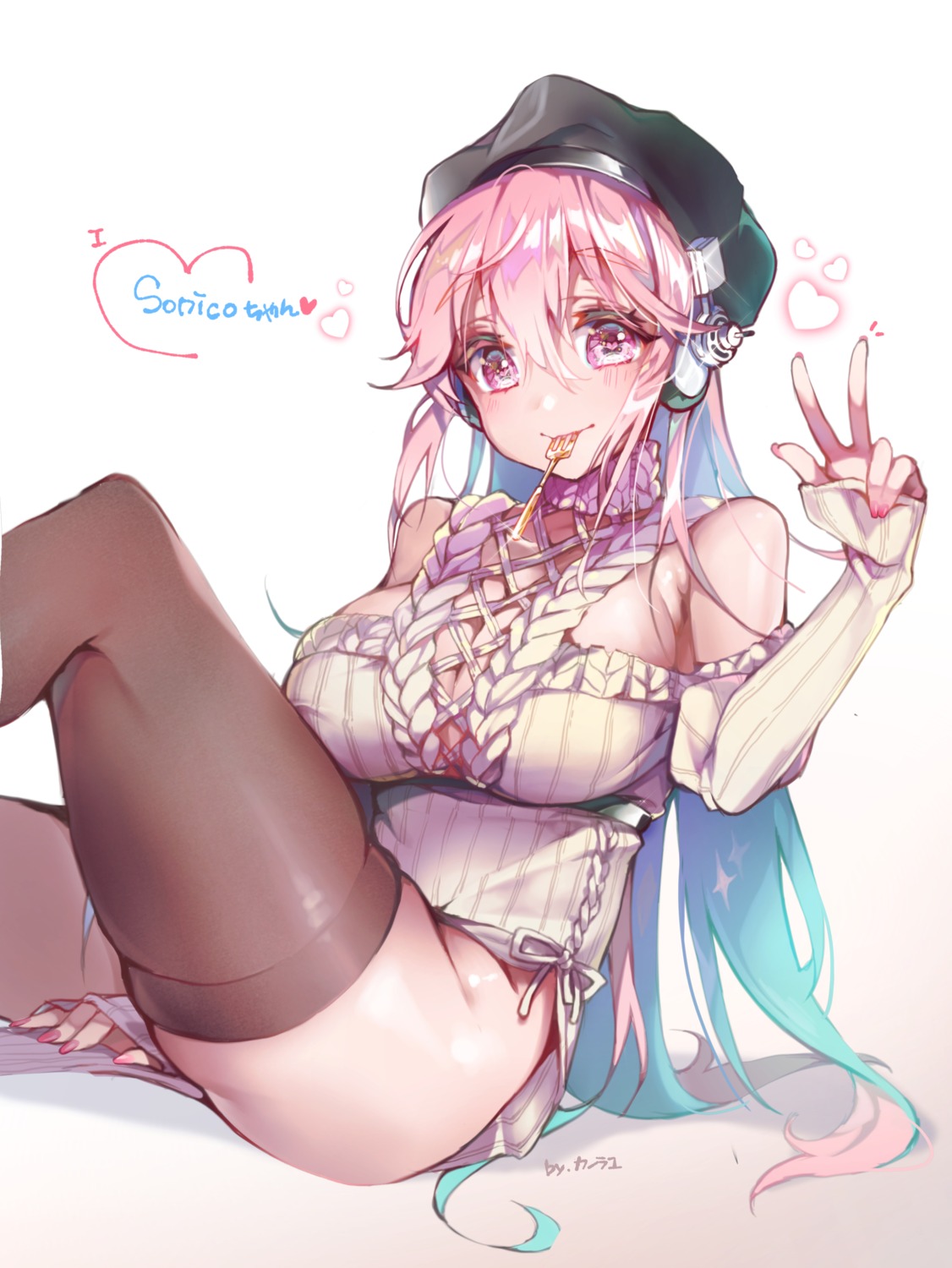 cleavage headphones kanola_u leotard sonico super_sonico sweater thighhighs