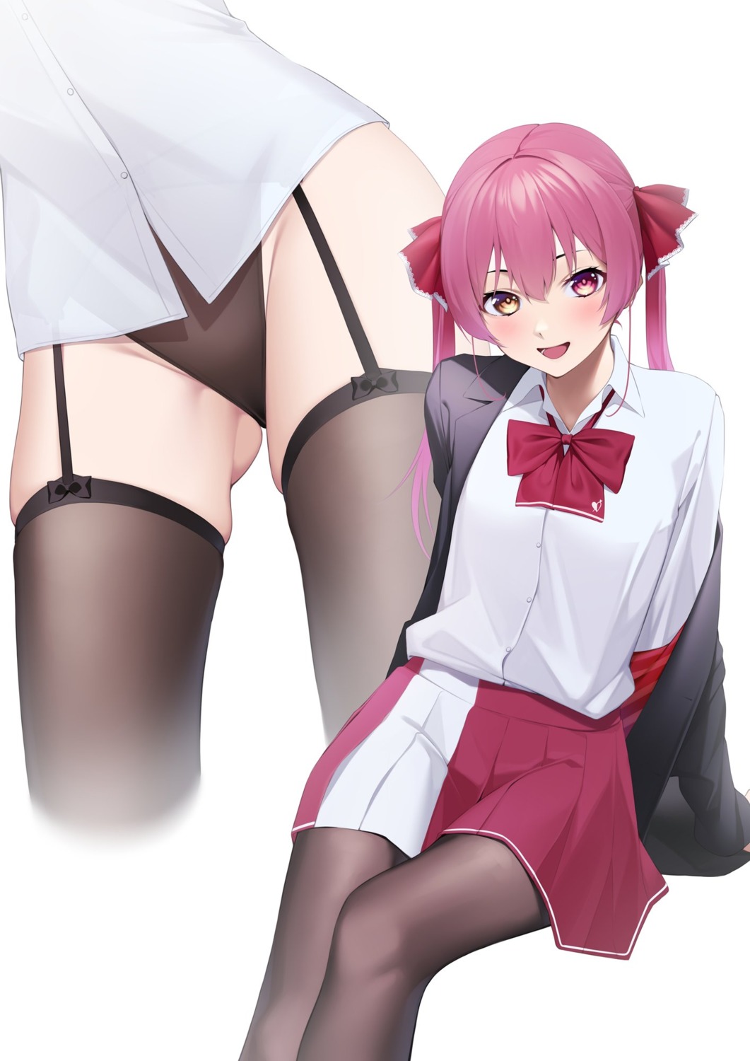 heterochromia hololive houshou_marine kuen_(kuennn12) leotard see_through seifuku stockings thighhighs