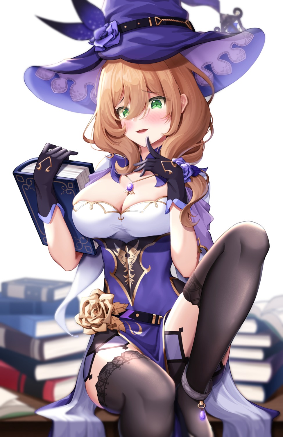 genshin_impact lancheu lisa_(genshin_impact) no_bra thighhighs witch