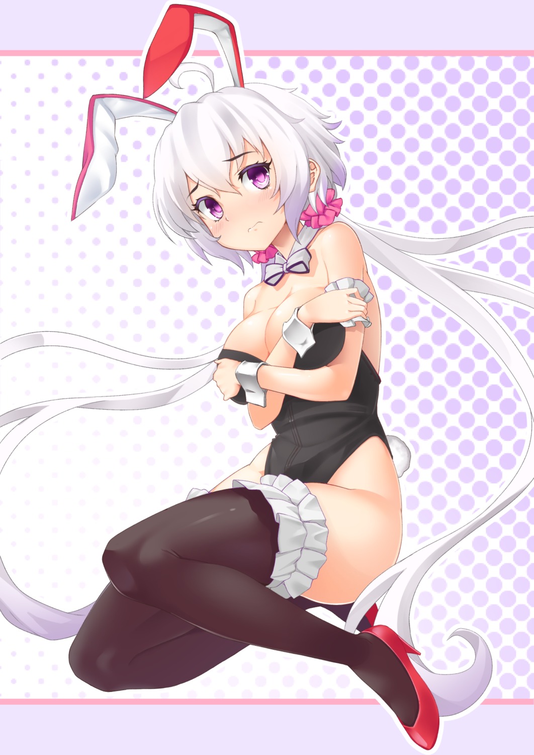 animal_ears breast_hold bunny_ears bunny_girl cleavage heels karaage_(ta-na) no_bra nopan senki_zesshou_symphogear tail thighhighs yukine_chris