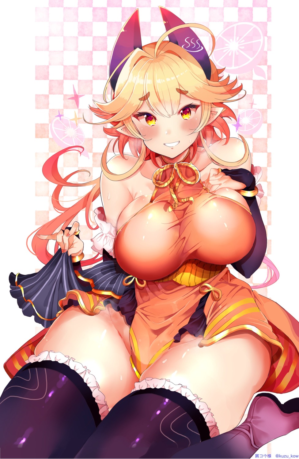 breast_grab horns kuzu_kow no_bra nopan pointy_ears skirt_lift thighhighs vshojo yuno_kisen