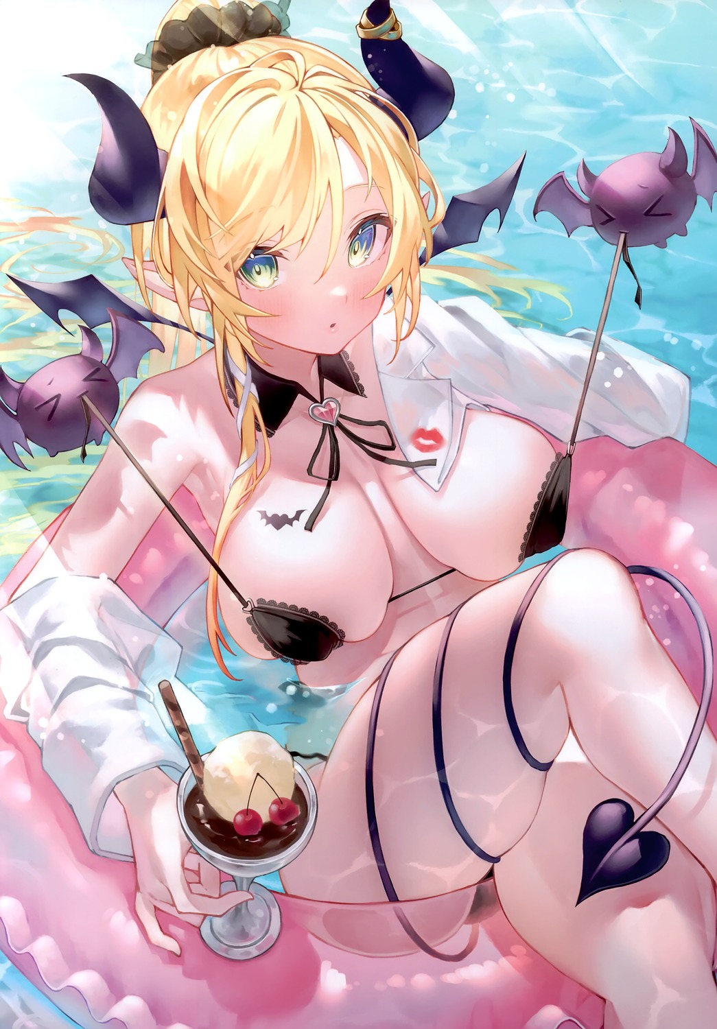 bikini dress_shirt hololive horns open_shirt rin31153336 see_through swimsuits tail tattoo undressing wet_clothes wings yuzuki_choco