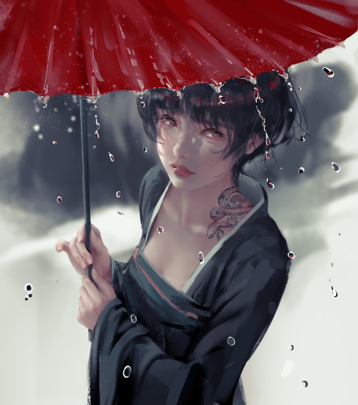 asian_clothes ghostblade jade_(ghostblade) tattoo umbrella wlop