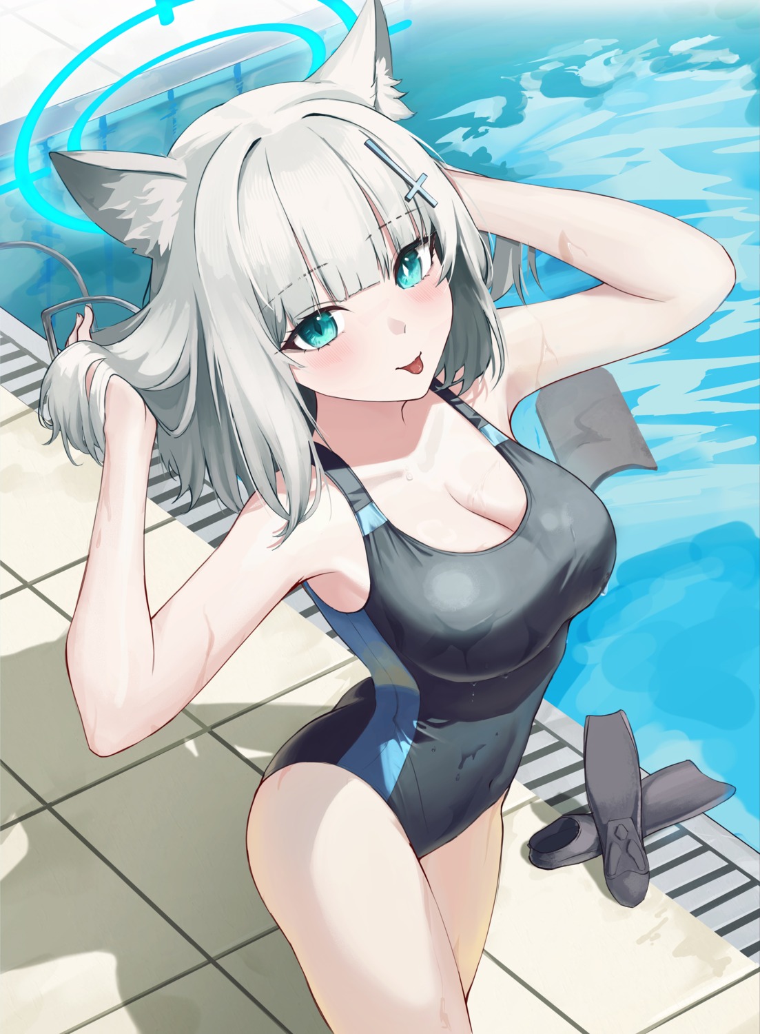 animal_ears blue_archive halo nekomimi skell.b sunaookami_shiroko swimsuits