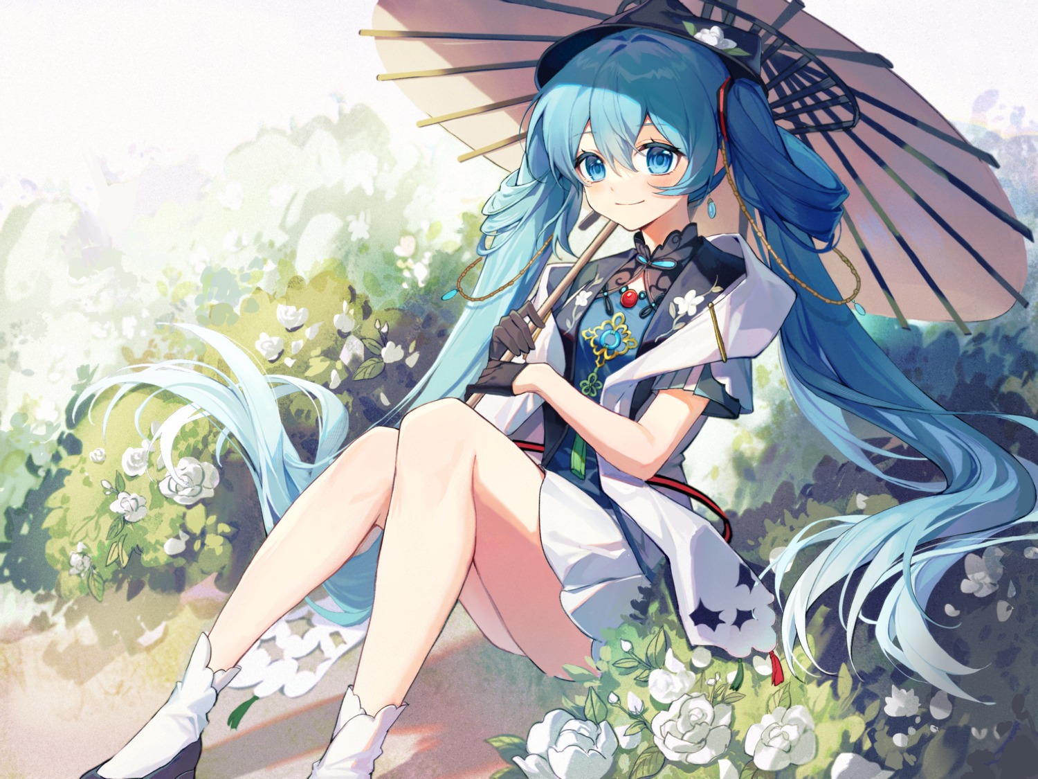 asian_clothes hatsune_miku hatsune_miku_with_you skirt_lift umbrella vocaloid yunweishukuang