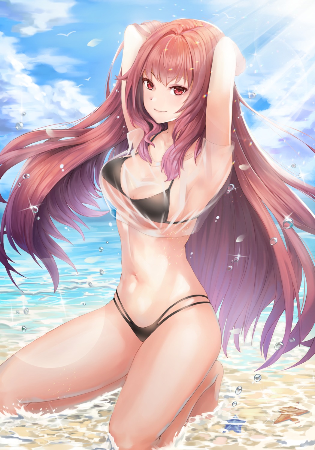 bikini fate/grand_order scathach_(fate/grand_order) see_through swimsuits wakum wet