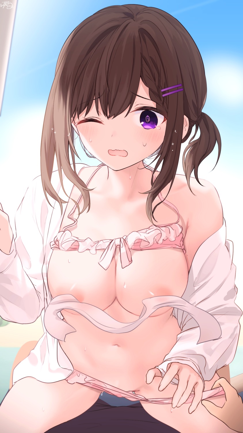 areola bikini breasts chapatsu-chan_(ramchi) open_shirt panty_pull ramchi swimsuits undressing