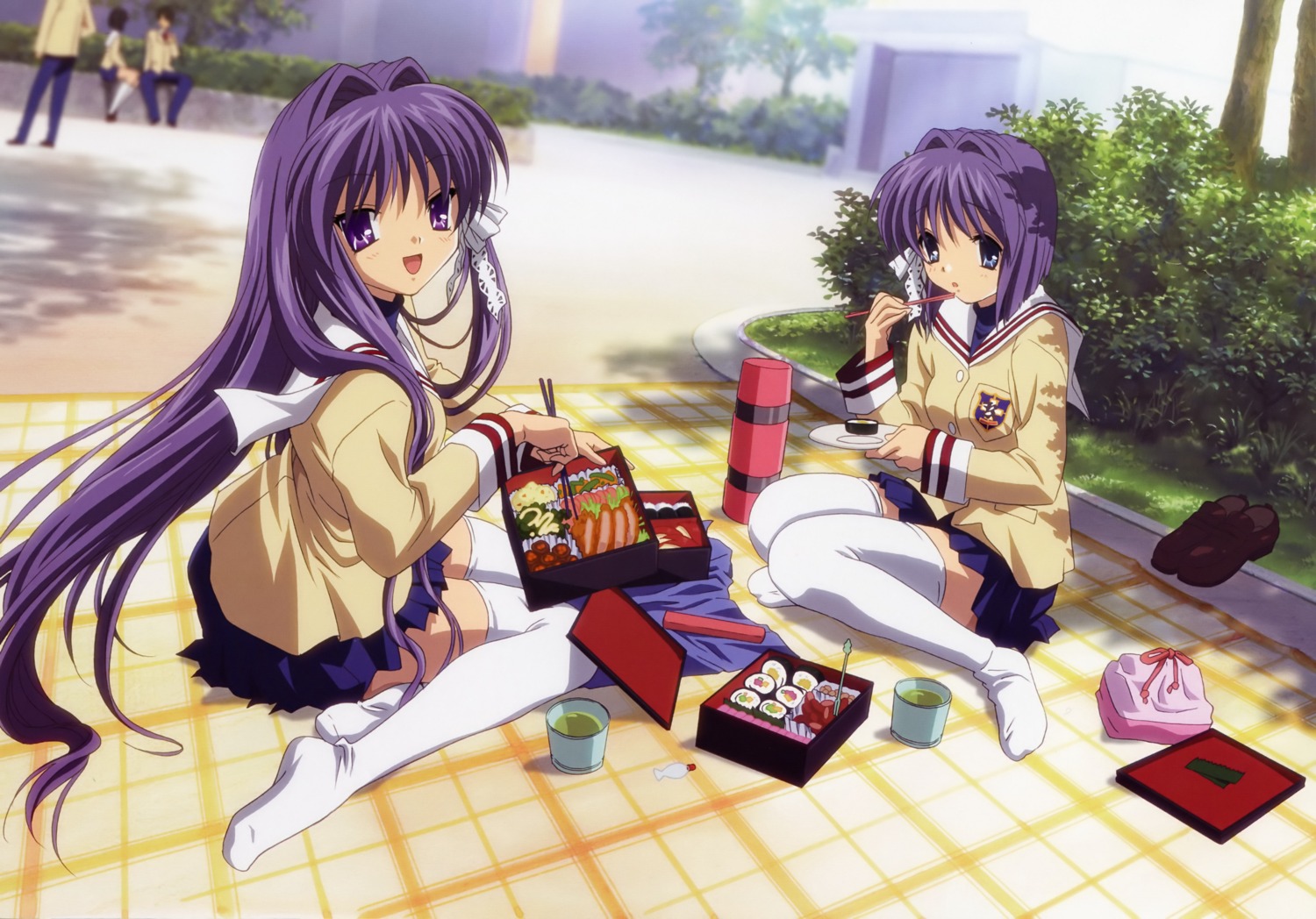 clannad fujibayashi_kyou fujibayashi_ryou ikeda_kazumi seifuku thighhighs