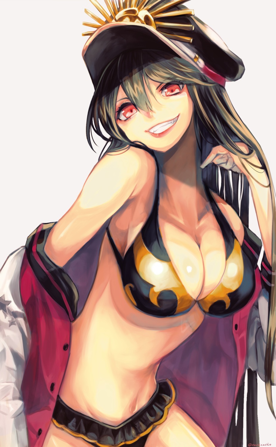 bikini cleavage fate/grand_order oda_nobunaga_(fate) onekoneko open_shirt swimsuits