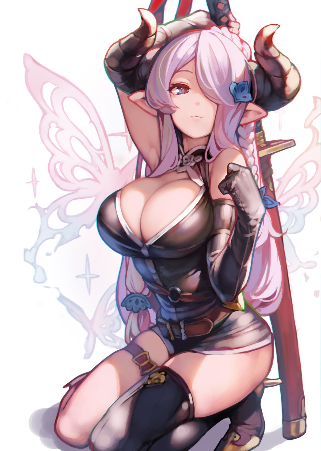 ataruman garter granblue_fantasy heels horns narumeia_(granblue_fantasy) no_bra open_shirt pointy_ears sword thighhighs