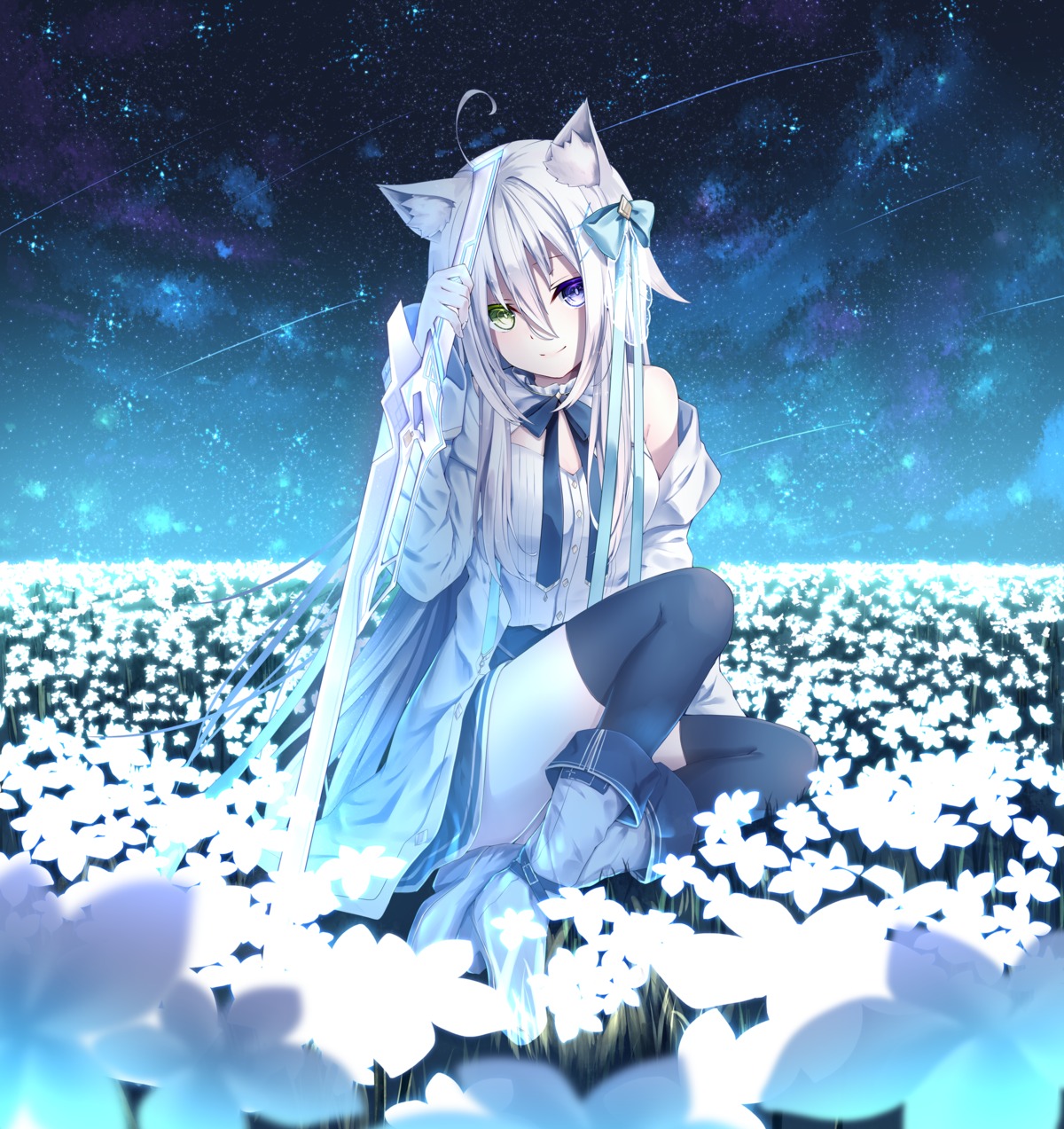 animal_ears heels heterochromia jun_(sky_ia_127_snow) skirt_lift sword thighhighs