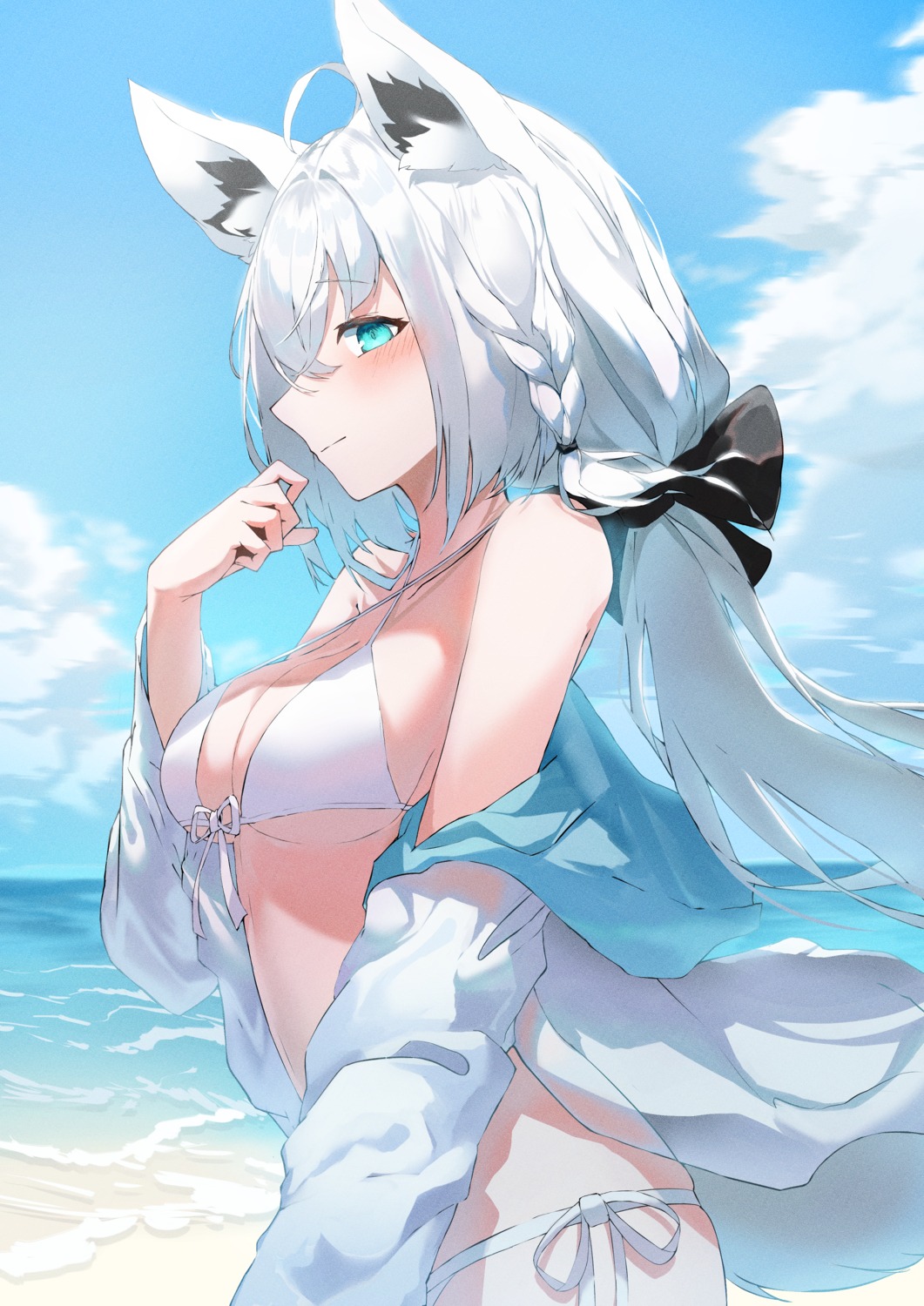 animal_ears bikini hololive hololive_gamers kabedoru kitsune open_shirt shirakami_fubuki swimsuits