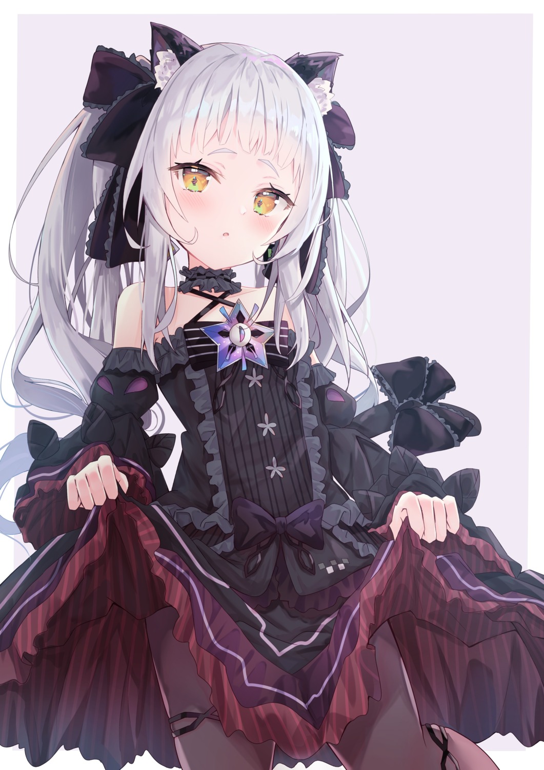 animal_ears dress garter gothic_lolita hololive lolita_fashion murasaki_shion nekomimi pantyhose skirt_lift sonoji tail