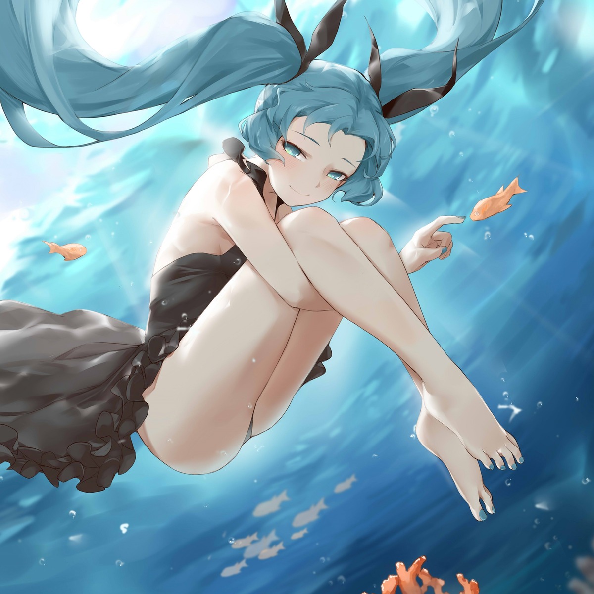 dress feet hatsune_miku no_bra oshin0_(zheng) pantsu shinkai_shoujo_(vocaloid) skirt_lift thong vocaloid