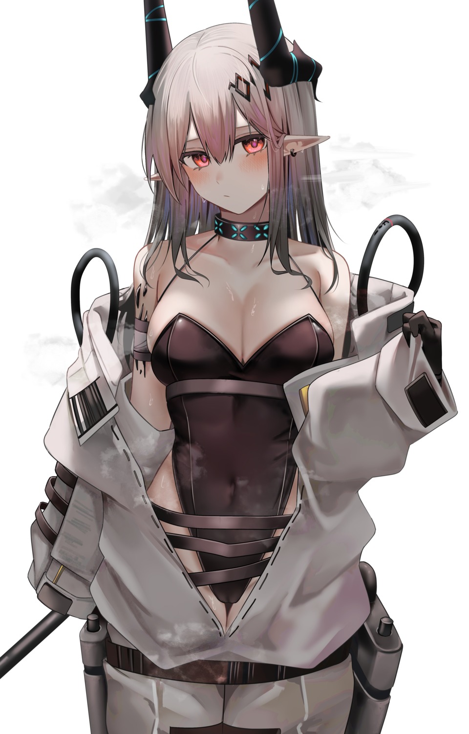 arknights cameltoe horns leotard mudrock_(arknights) no_bra pointy_ears ru_zhai wet