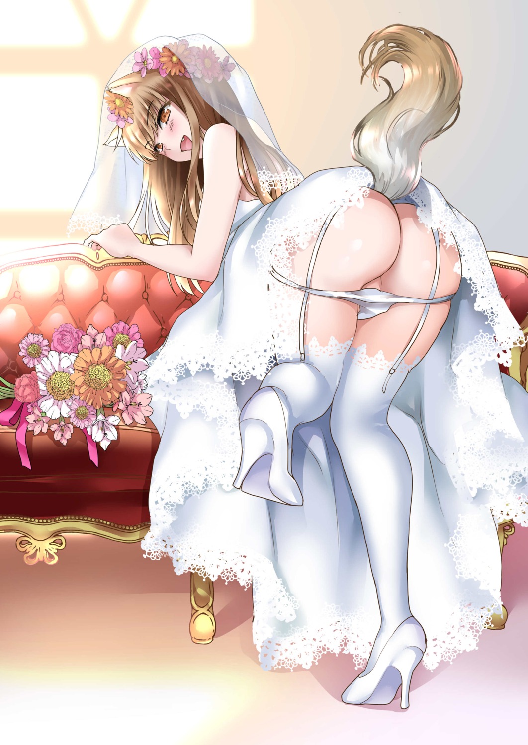 animal_ears ass dress heels holo pantsu panty_pull see_through skirt_lift spice_and_wolf stockings tagme tail thighhighs wedding_dress