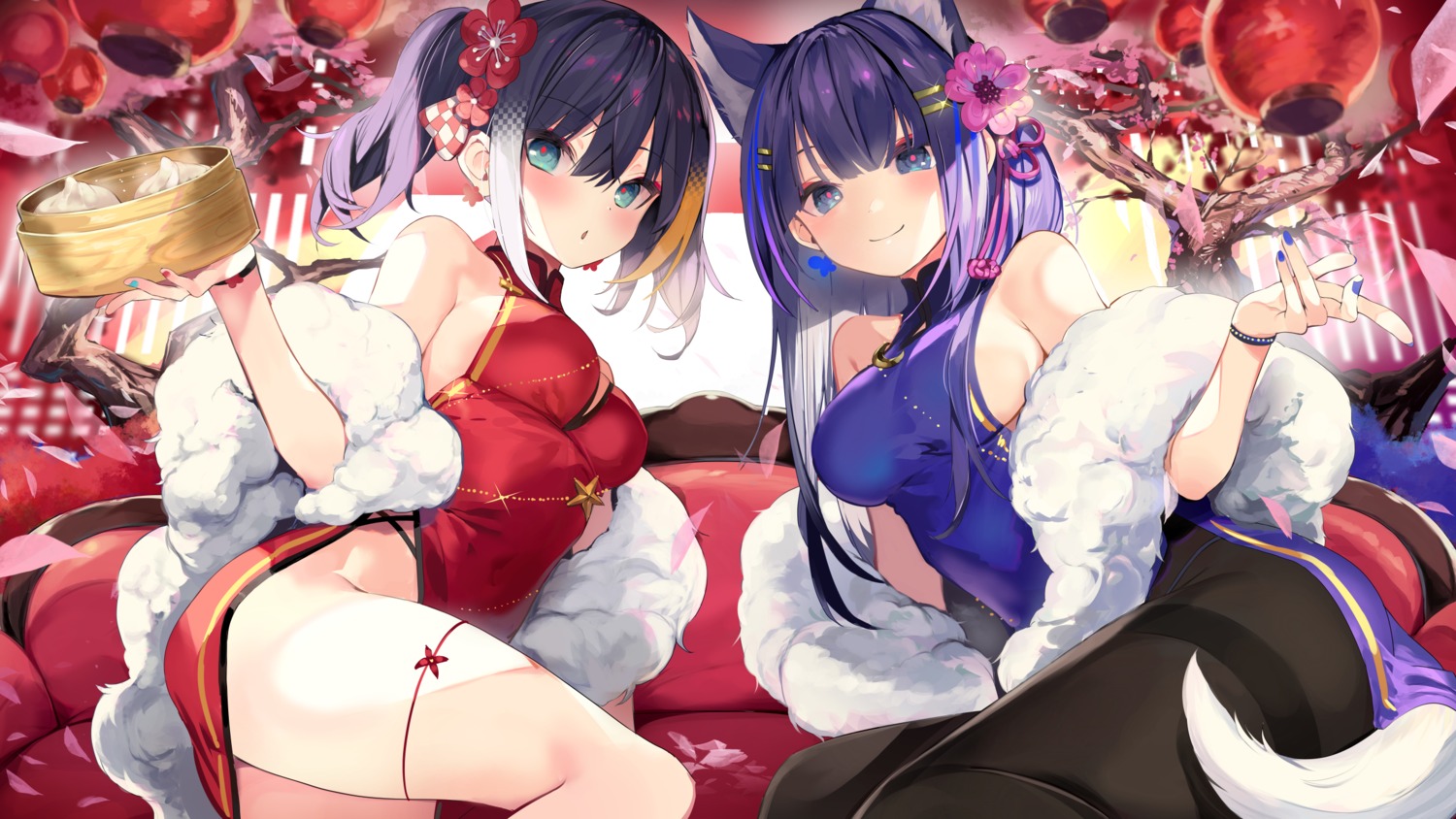 amakawa_sakko animal_ears chinadress displayer garter no_bra nopan pantyhose rinka_raizenbain tail yoshibana_kokoro