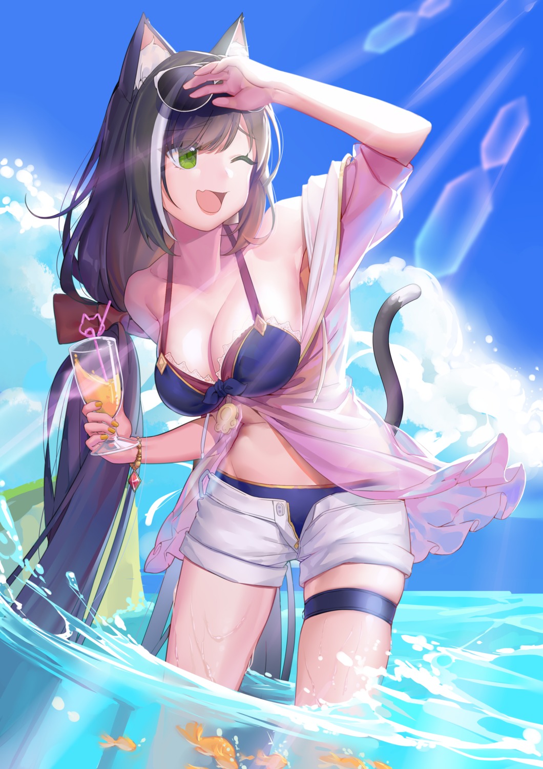 animal_ears bikini clio_(dabingshi_clio_da) garter karyl_(princess_connect) megane nekomimi open_shirt princess_connect princess_connect!_re:dive see_through swimsuits tail wet