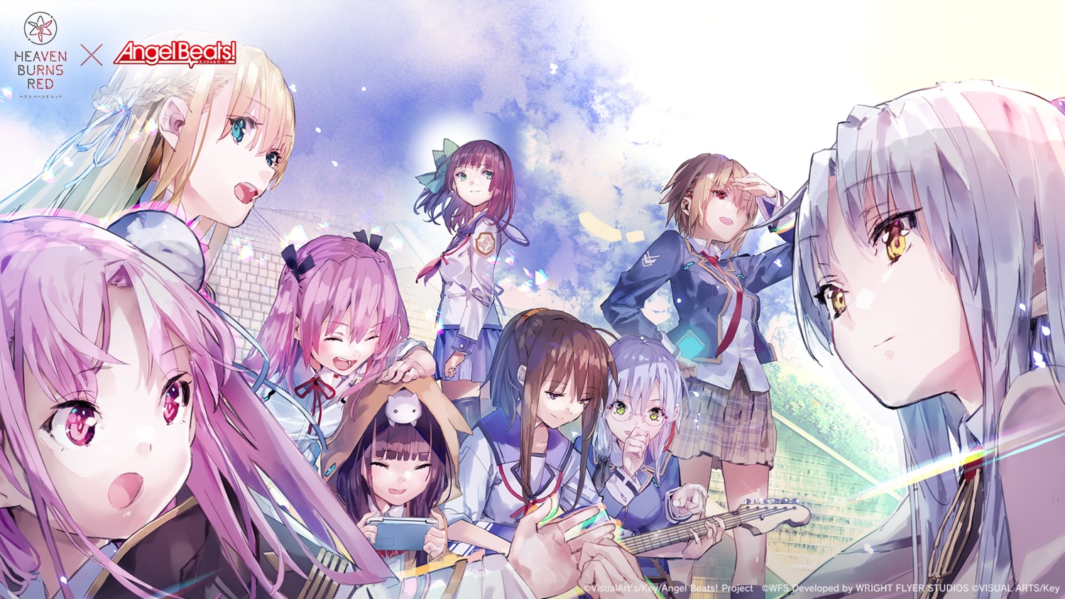 aikawa_megumi angel_beats! asakura_karen_(heaven_burns_red) crossover guitar heaven_burns_red hisako izumi_yuki kayamori_ruka kunimi_tama megane seifuku tenshi toujou_tsukasa wallpaper yurippe yuugen