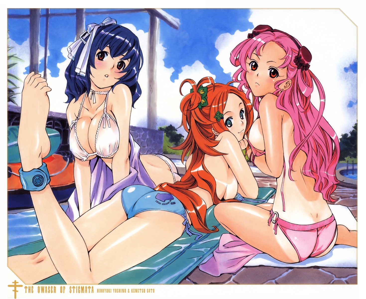 bikini cleavage fixed satou_kenetsu seikon_no_qwaser swimsuits tan_lines tsujidou_miyuri yamanobe_tomo