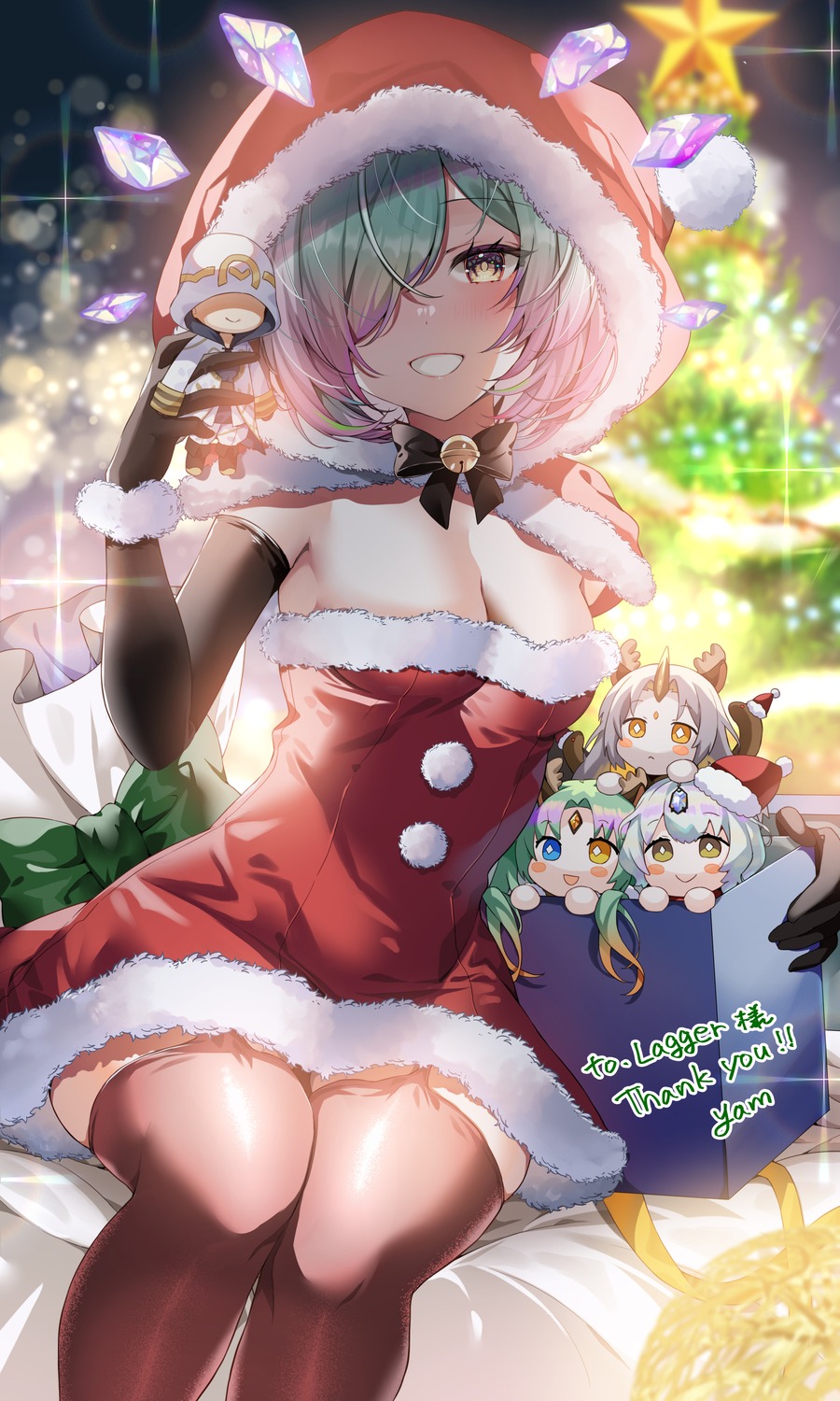 chibi christmas dress fire_emblem heterochromia horns no_bra stockings thighhighs yam_(yamap_mako)