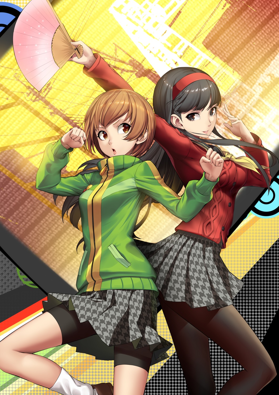 amagi_yukiko bike_shorts cru megaten pantyhose persona persona_4 satonaka_chie seifuku skirt_lift sweater