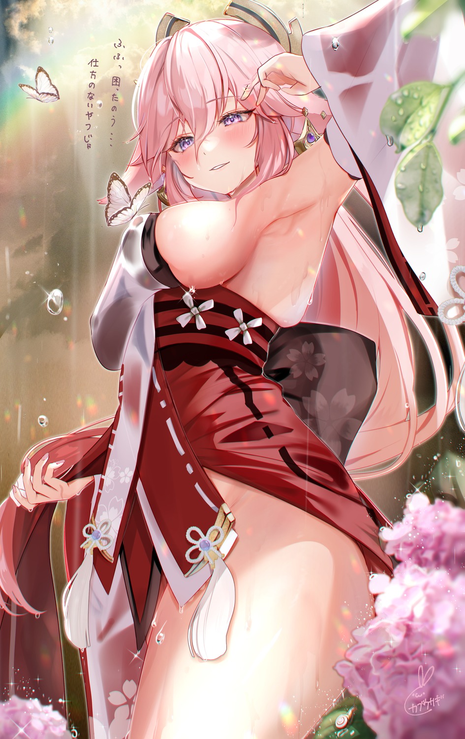 animal_ears erect_nipples genshin_impact japanese_clothes kabu_usagi kitsune no_bra see_through wet_clothes yae_miko