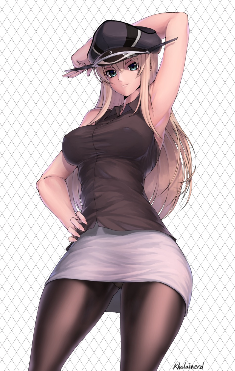 bismarck_(kancolle) erect_nipples kantai_collection khalainerd no_bra pantsu pantyhose uniform