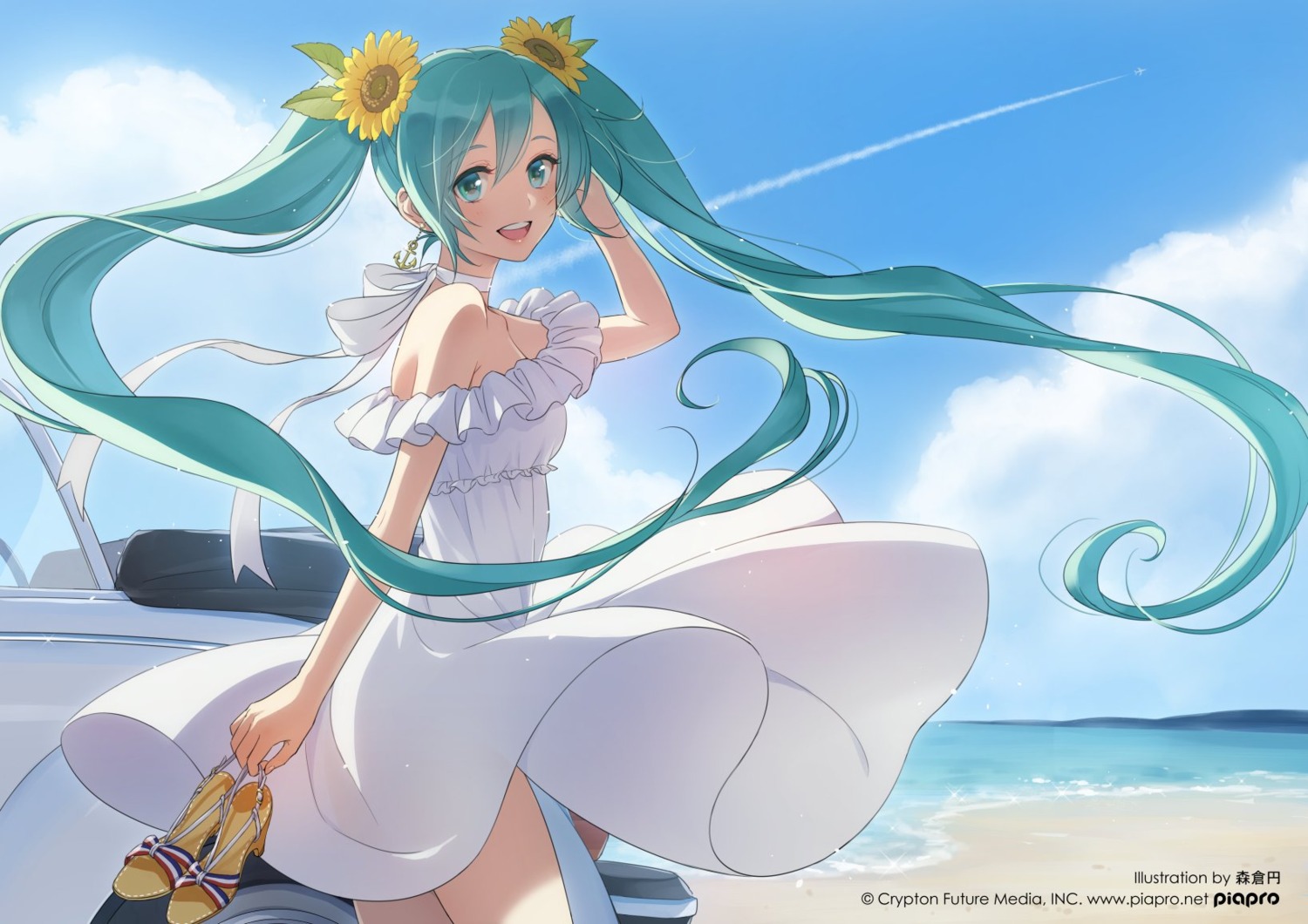 dress hatsune_miku heels morikura_en no_bra see_through skirt_lift summer_dress vocaloid