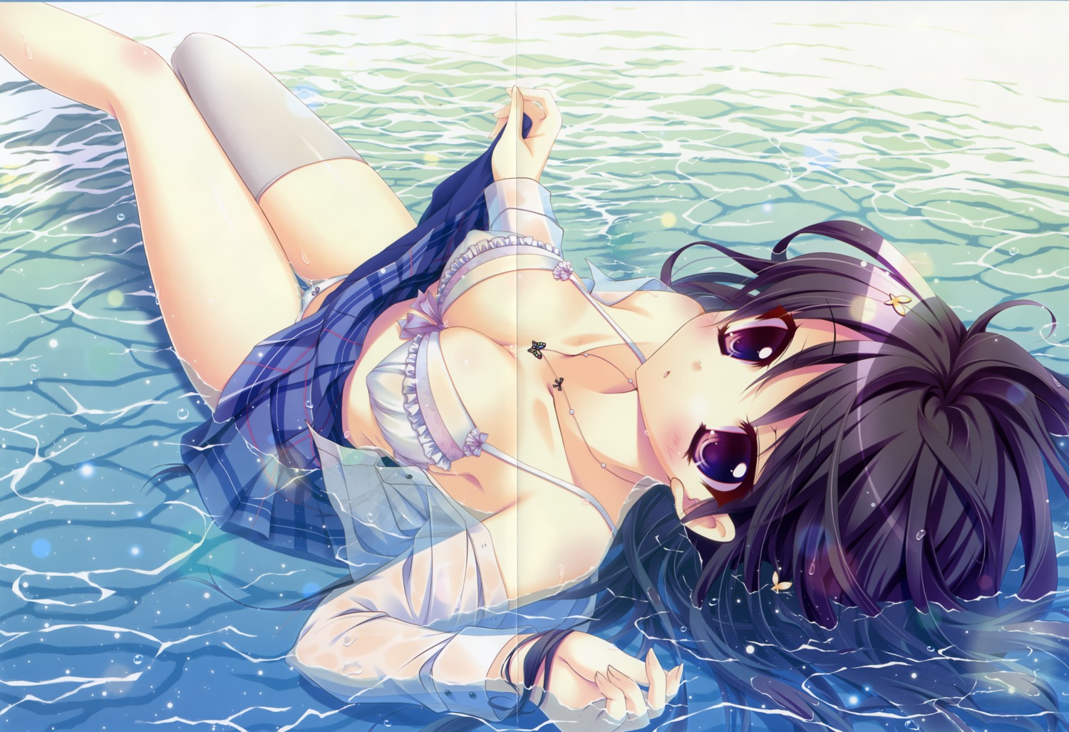 bra cleavage crease erect_nipples izumi_tsubasu open_shirt pantsu see_through seifuku skirt_lift thighhighs wet wet_clothes