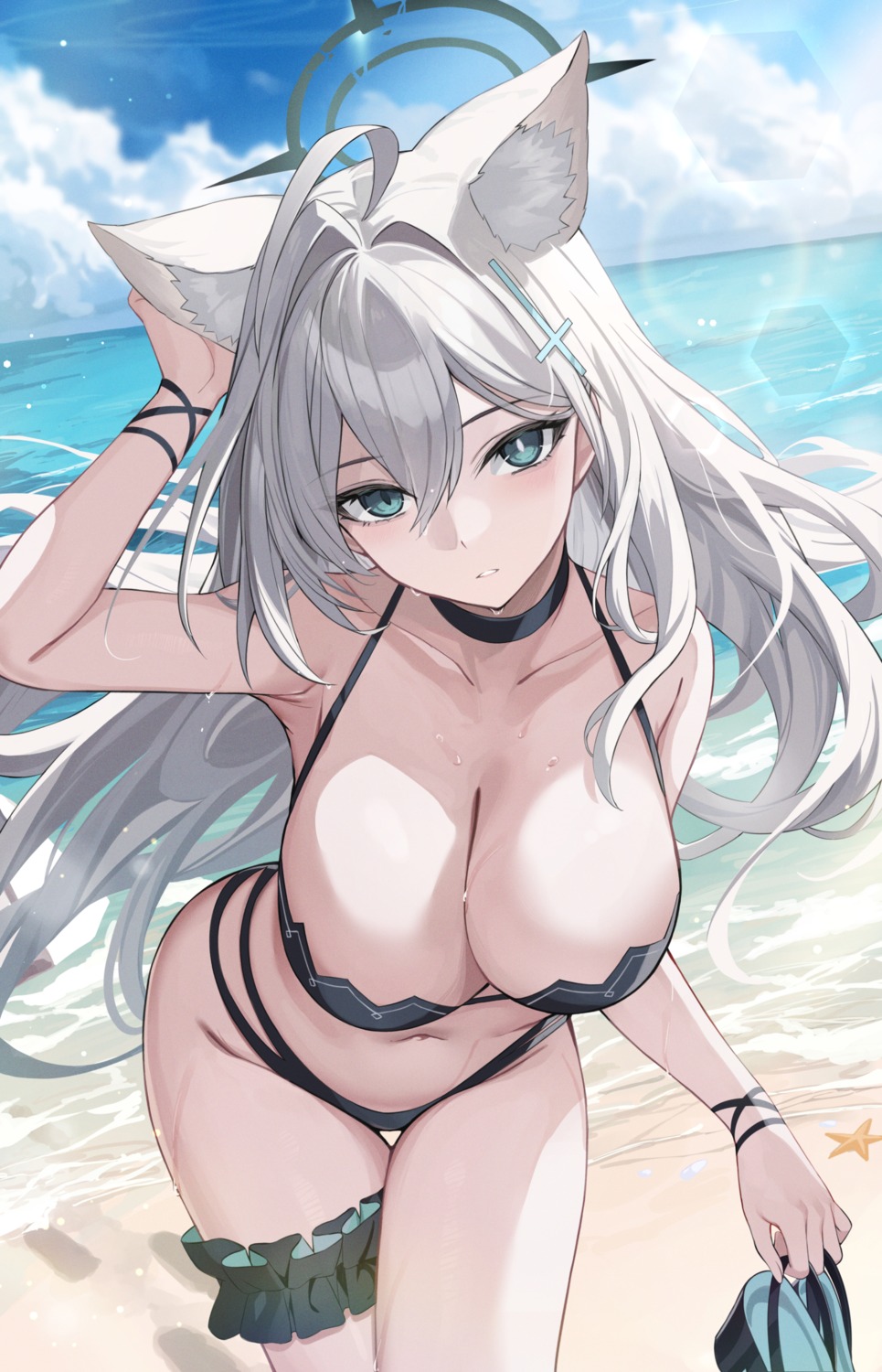 animal_ears bikini blue_archive garter halo nekomimi shiroko_terror sunaookami_shiroko swimsuits takehana_note wet