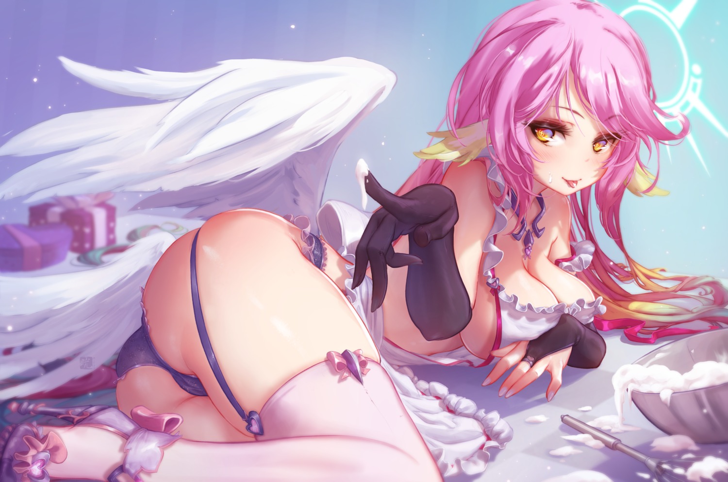 angel ass cameltoe cream heels jibril_(no_game_no_life) mitsu_(mitsu_art) naked_apron no_game_no_life stockings thighhighs thong wings