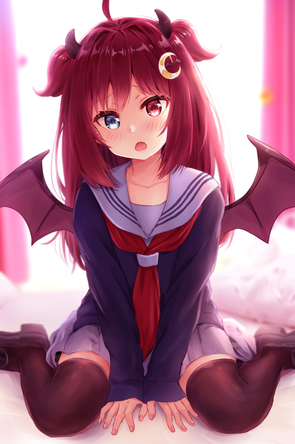 haru_(re_ilust) heterochromia horns nijisanji seifuku thighhighs wings yuzuki_roa