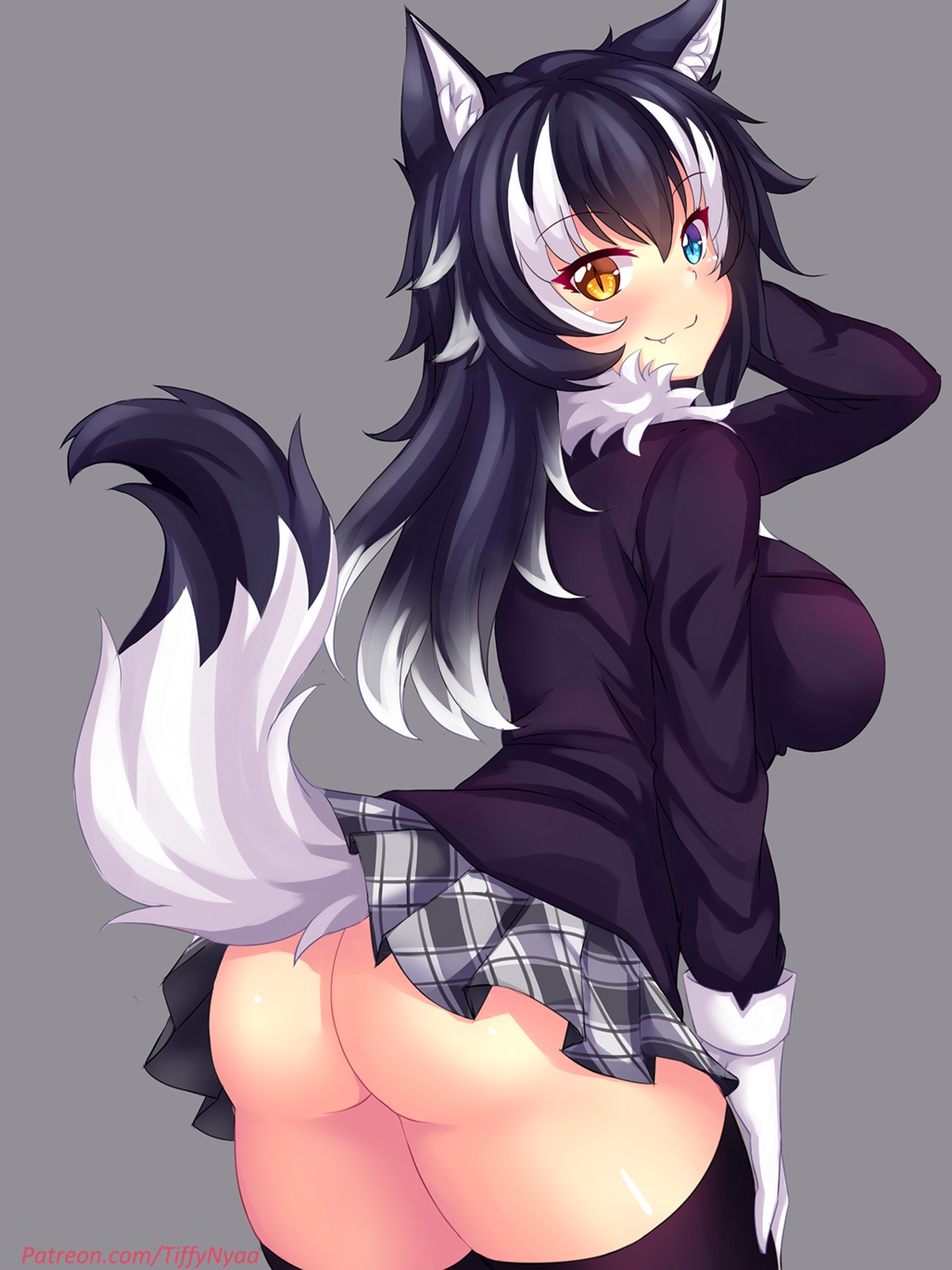 animal_ears ass fast-runner-2024 grey_wolf heterochromia kemono_friends nopan skirt_lift tail thighhighs