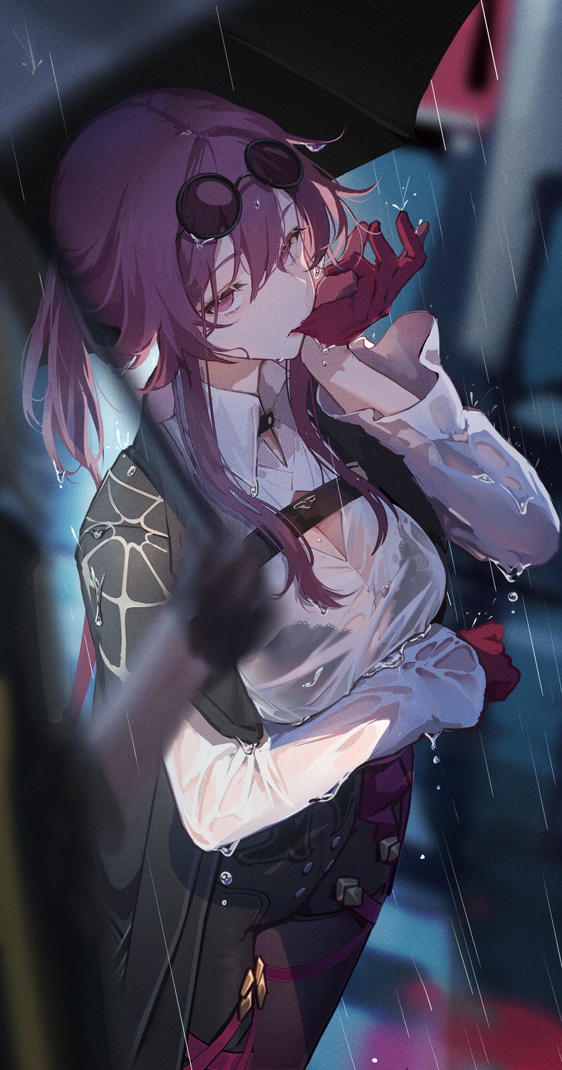 bra clouble honkai:_star_rail kafka_(honkai:_star_rail) megane pantyhose see_through umbrella wet wet_clothes