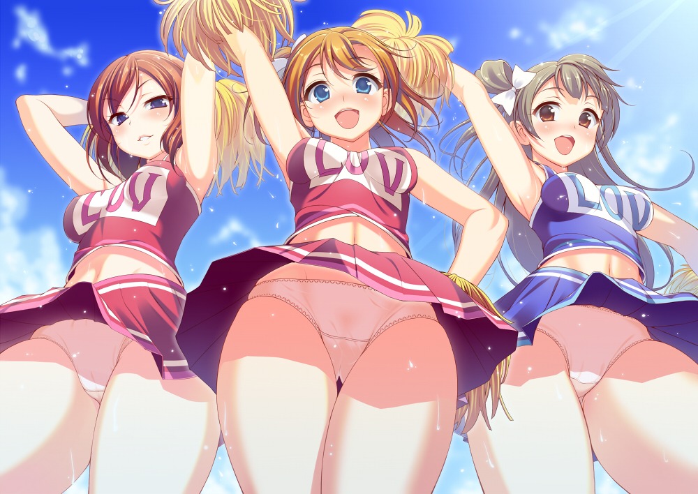 aida_takanobu cheerleader kousaka_honoka love_live! minami_kotori nishikino_maki pantsu skirt_lift