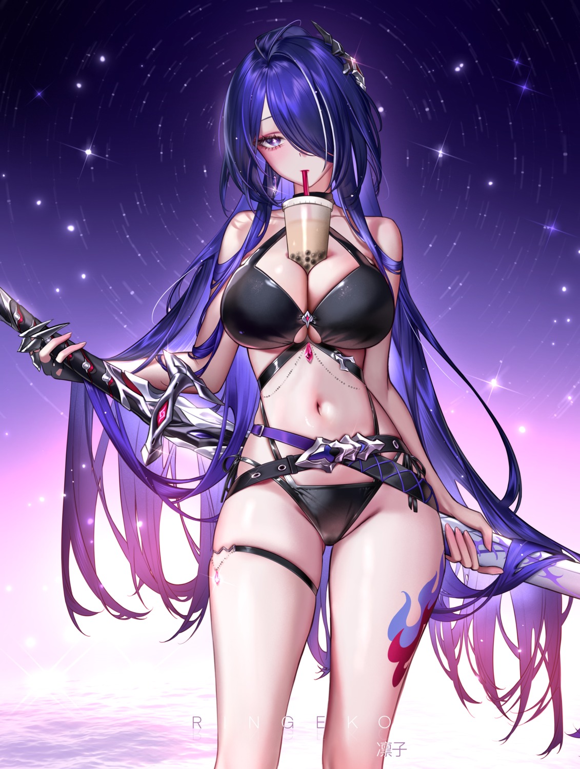 acheron bikini garter honkai:_star_rail ringeko-chan swimsuits sword tattoo