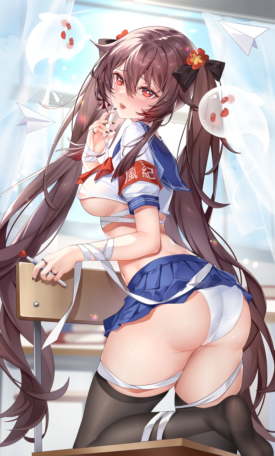 areola ass bandages genshin_impact hu_tao melailai no_bra pantsu see_through seifuku skirt_lift thighhighs thong underboob