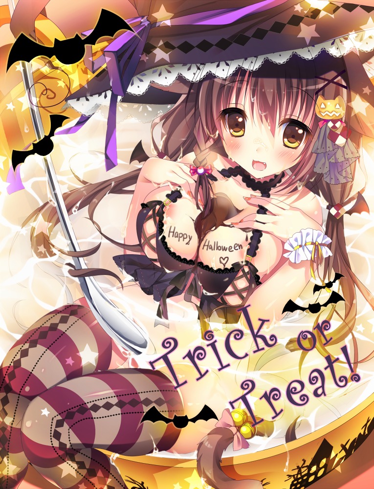 animal_ears bottomless cleavage cream halloween shiromochi_sakura tail thighhighs witch