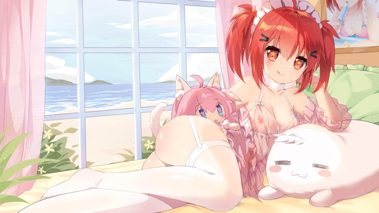 animal_ears chibi lingerie m.vv nipples nopan see_through skirt_lift stockings thighhighs vivian_(mvv)